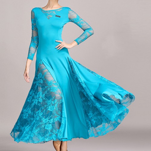 Dark green turquoise red black navy lace Ballroom dance dresses for women girls long sleeves Waltz Tango competition dance long dress for woman